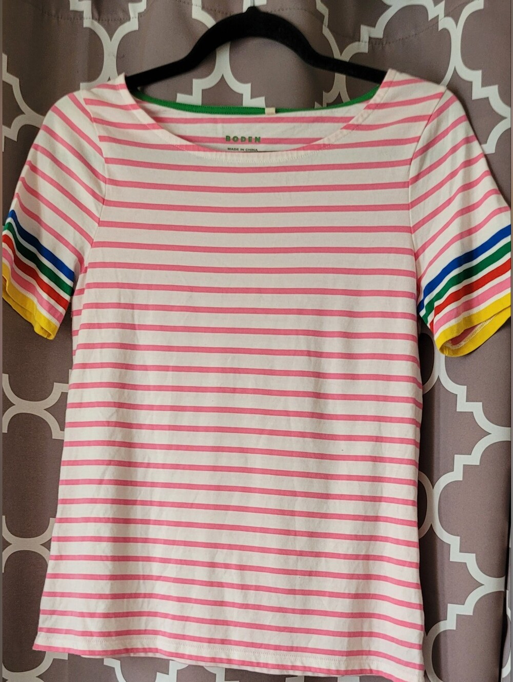 Boden Pink and White Striped Short Sleeve Tee with Rainbow Sleeve Bands